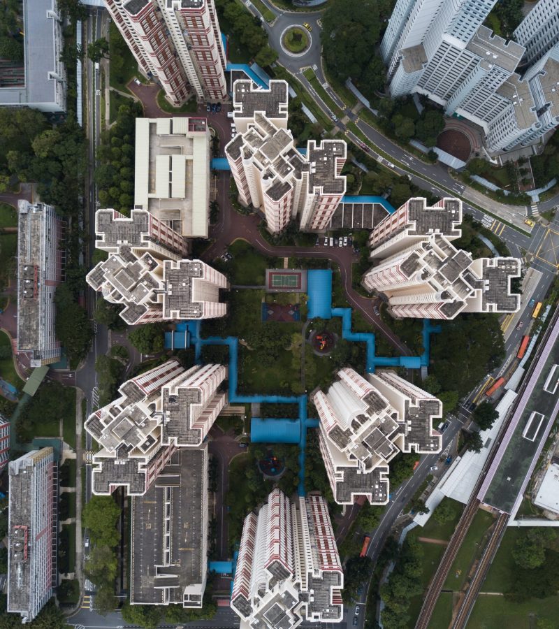 An aerial overhead shot of urban modern business architecture